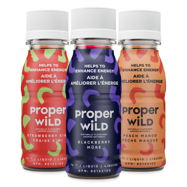 Proper Wild's clean energy shots with clean ingredients like peaches,mangoes, blackberries and ginger