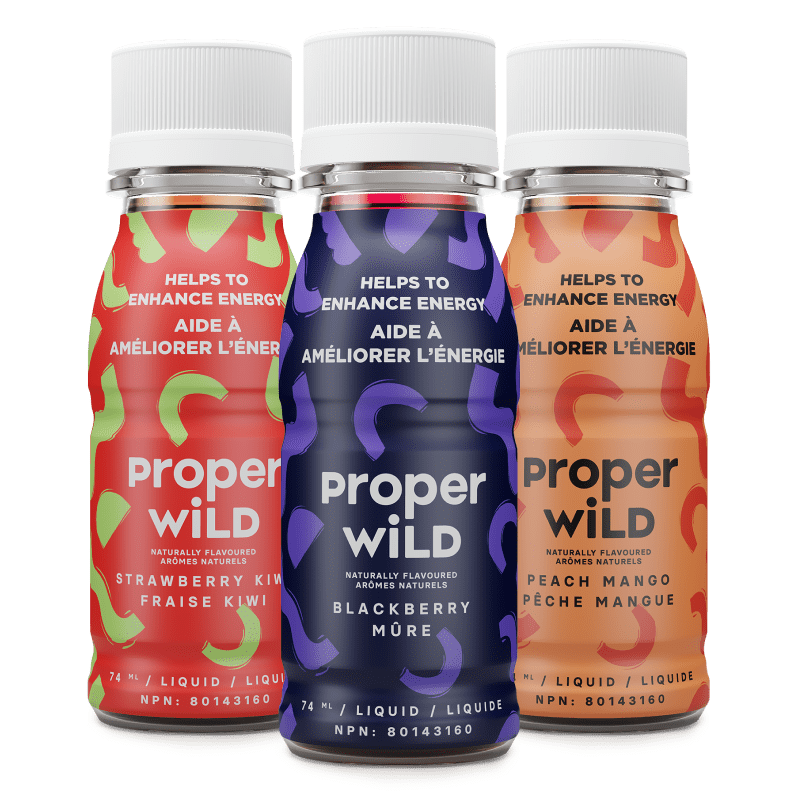 Proper Wild's clean energy shots with clean ingredients like peaches,mangoes, blackberries and ginger